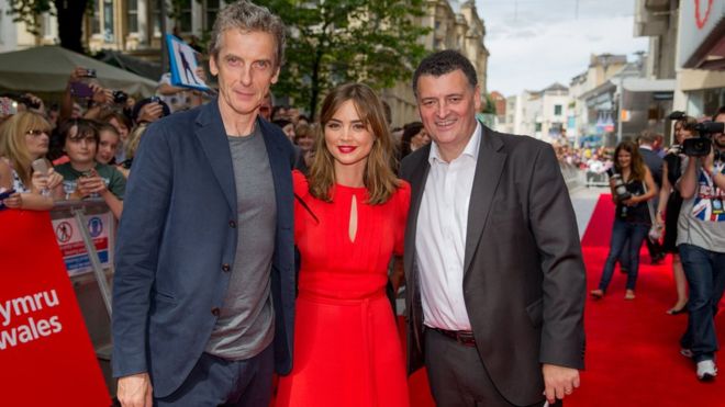 (From left) Peter Capaldi, Jenna Coleman and Steven Moffat
